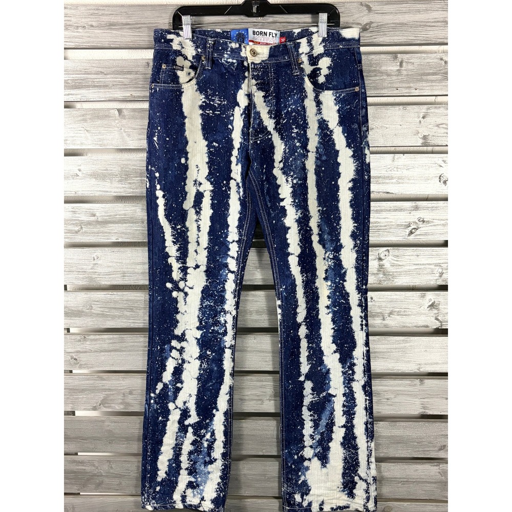 Born Fly Anytown USA Mens Bleach Acid Wash Splatter Striped Denim Jeans Size 32